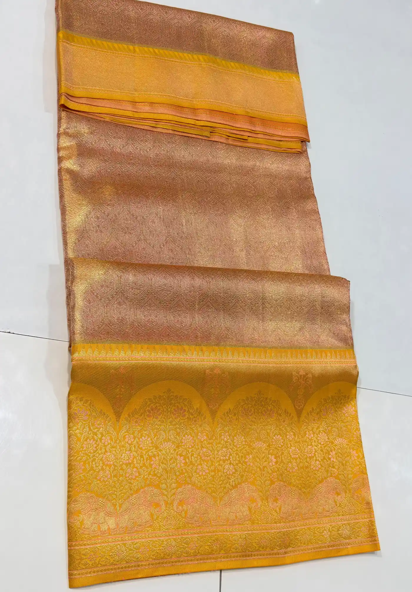 Rose Gold Kanchipuram Handloom Bridal Silk Tissue Brocade Saree